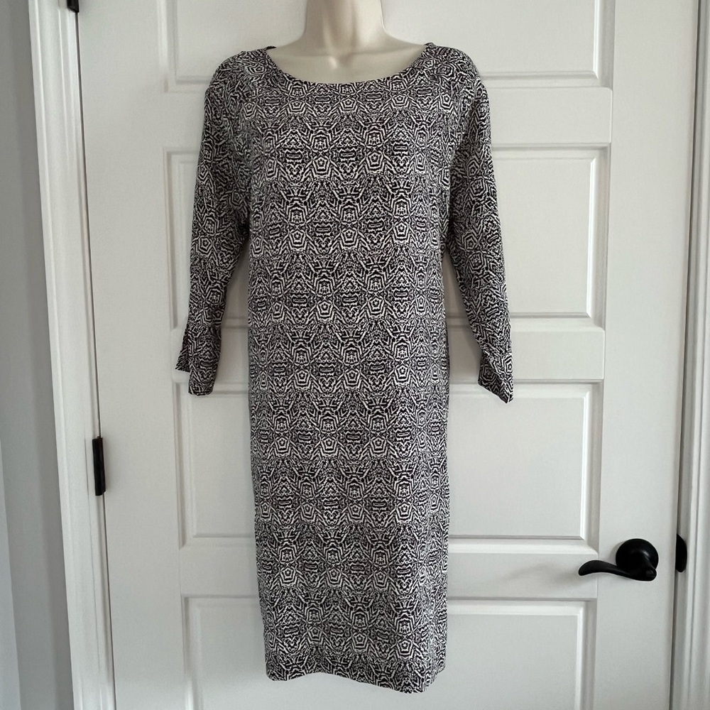 Garnet Hill 100% Silk Shift Dress Black and White Abstract Print Careerwear Sz 8
